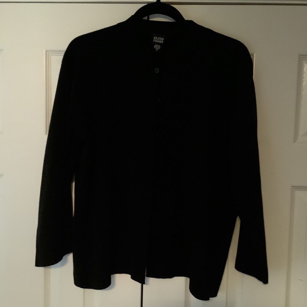 Eileen Fisher Black Button-Front Wool Cardigan